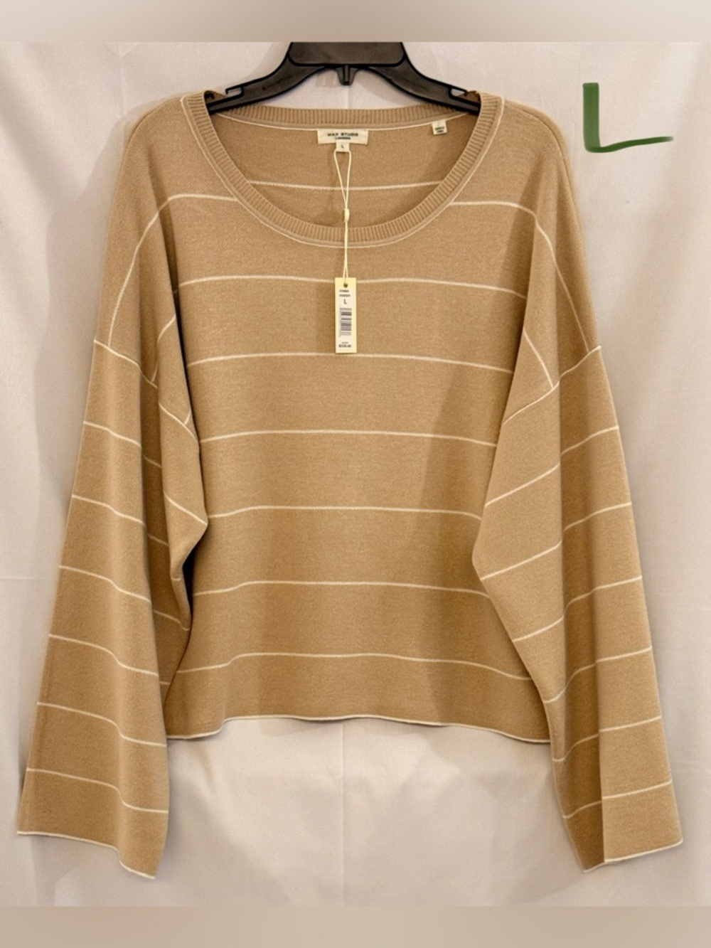Max Studio Sand and White Striped Crewneck Sweater - Relaxed Fit